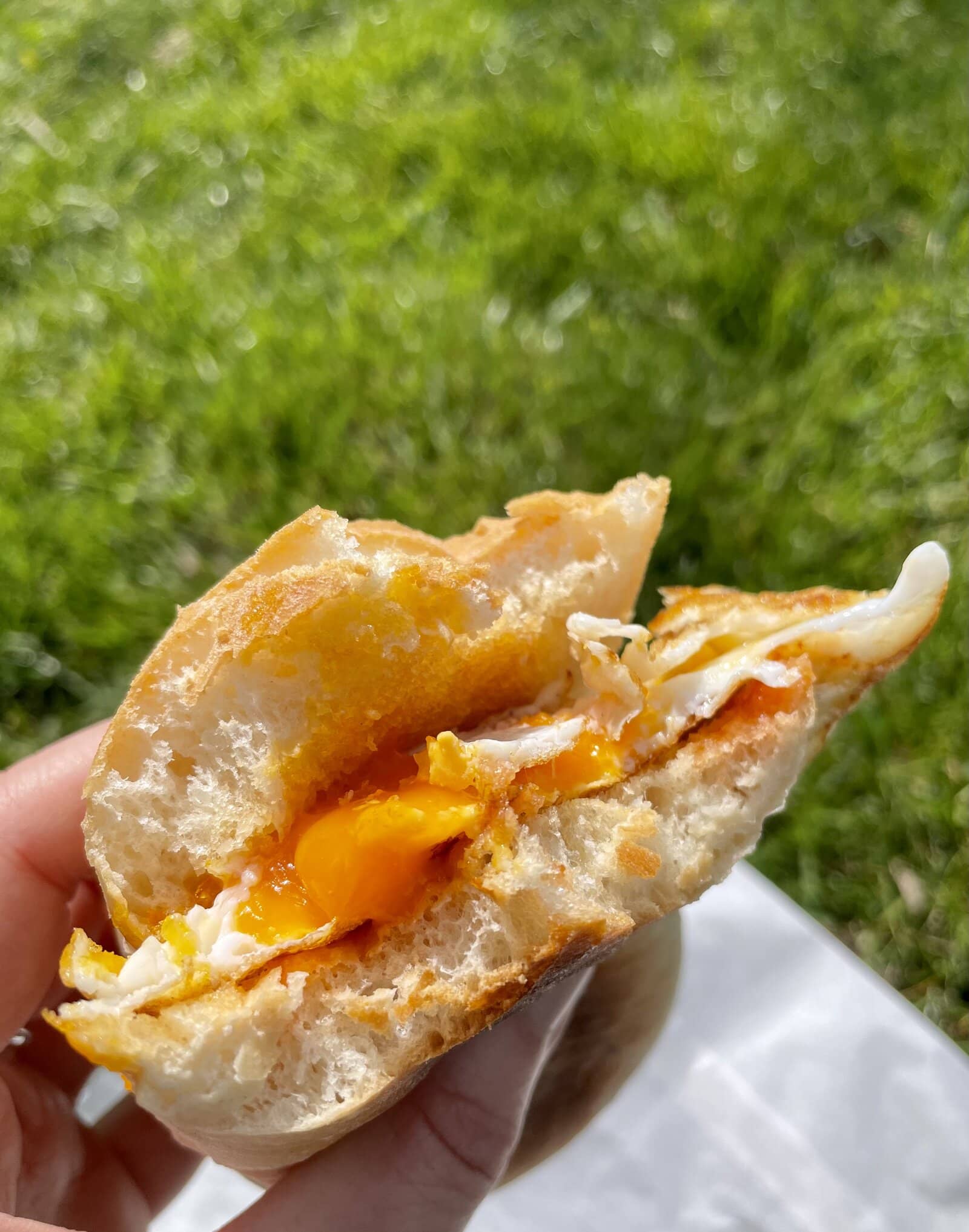 A Fitzbillies egg bap in the Cambridge sun